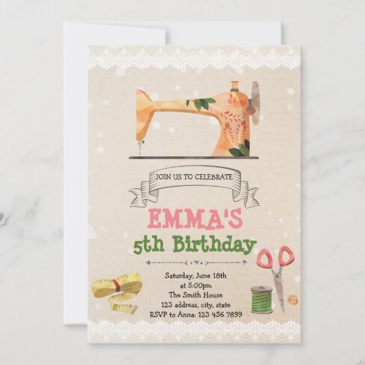 かわいい裁縫のテーマのパーティの招待状 招待状 (正面)