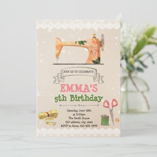 かわいい裁縫のテーマのパーティの招待状 招待状 (スタンド正面)