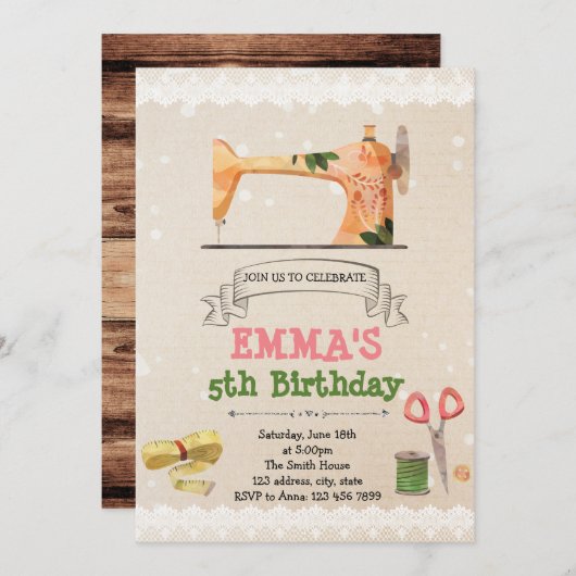 かわいい裁縫のテーマのパーティの招待状 招待状 (正面/裏面)