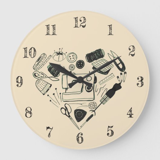 かわいい裁縫キットハート型下水裁縫工芸品 ラージ壁時計 (正面)