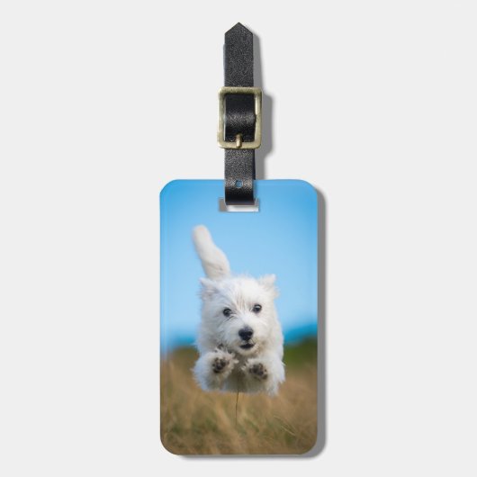 かわいい西の高地テリアの子犬のランニング ラゲッジタグ (正面縦)