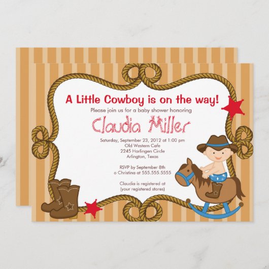 かわいい西部のカウボーイのベビーシャワーの招待状 招待状 (正面/裏面)
