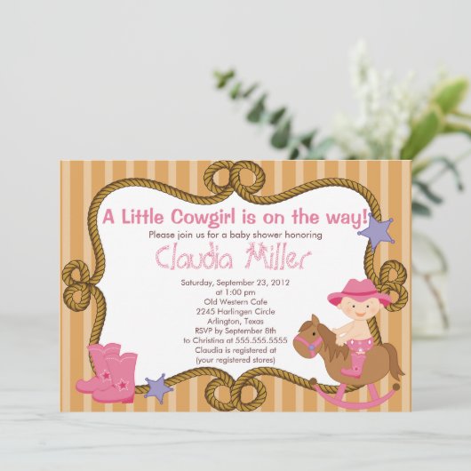 かわいい西部の女性のカーボーイのベビーシャワーの招待状 招待状 (スタンド正面)