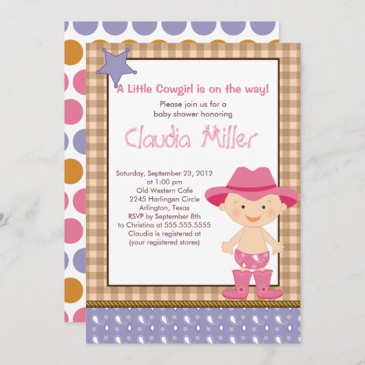 かわいい西部の女性のカーボーイのベビーシャワーの招待状 招待状 (正面/裏面)