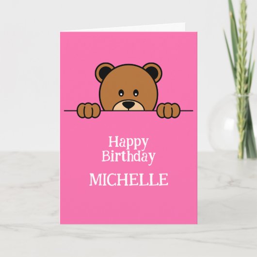かわいい覗きクマの漫画ハッピーバースデーピンク カード (正面)