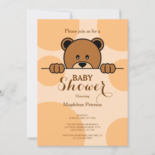 かわいい覗きクマ |水玉模様 |ピーチ赤ちゃんシャワー 招待状 (正面)