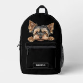 かわいい覗きヨークシャーテリアオンブラックウィズネーム プリントバックパック (正面)