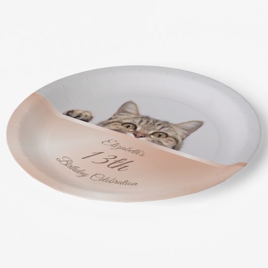 かわいい覗き猫バラ金ゴールド |カスタム誕生日 ペーパープレート (アングル)
