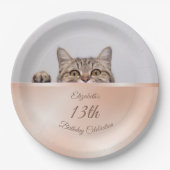 かわいい覗き猫バラ金ゴールド |カスタム誕生日 ペーパープレート (正面)