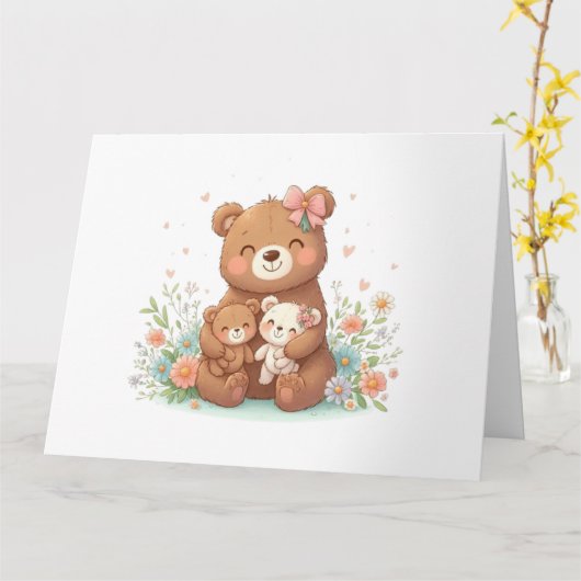 かわいい親熊と子熊2頭 カード (黄色い花)