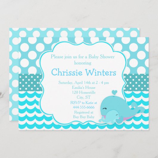 かわいい親&ベビーホエールブルーボーイベビーシャワー 招待状 (正面/裏面)