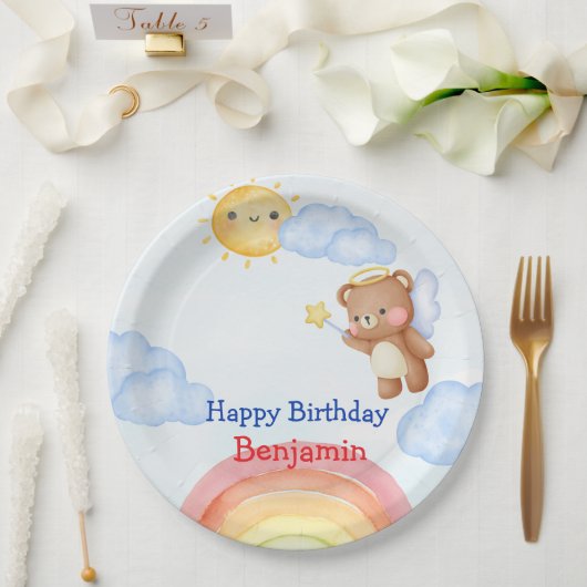 かわいい角度のテディベアの羽 生誕祭 ペーパープレート (ウェディング)