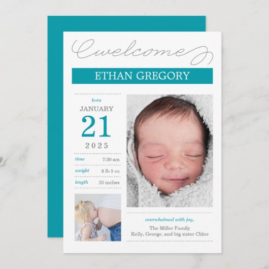 かわいい記録された出産のお知らせ - Bliue 案内状 (正面/裏面)