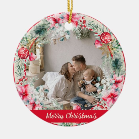 かわいい詩ポインセティアレッドグリーンリースクリスマス セラミックオーナメント (正面)