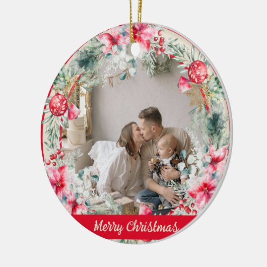 かわいい詩ポインセティアレッドグリーンリースクリスマス セラミックオーナメント (左)