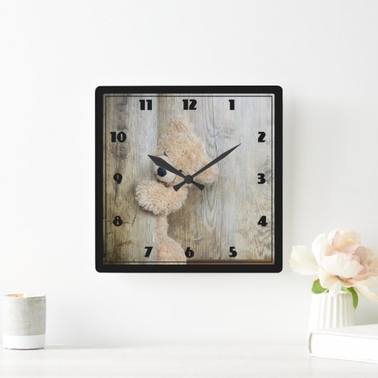 かわいい詰まったクマ素朴の木造の背景 スクエア壁時計 (ホーム)