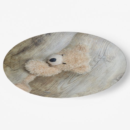 かわいい詰まったクマ素朴の木造の背景 ペーパープレート (アングル)