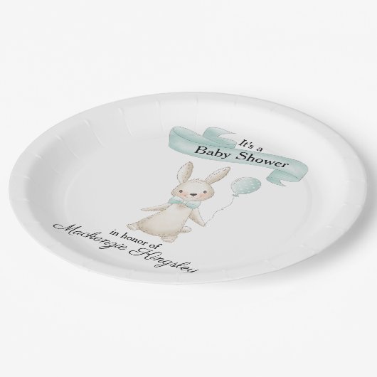 かわいい詰まったバニーとティール（緑がかった色）バルーンベビーシャワー ペーパープレート (アングル)