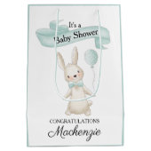 かわいい詰まったバニーとティール(緑がかった色)バルーンベビーシャワー ミディアムペーパーバッグ (裏面)