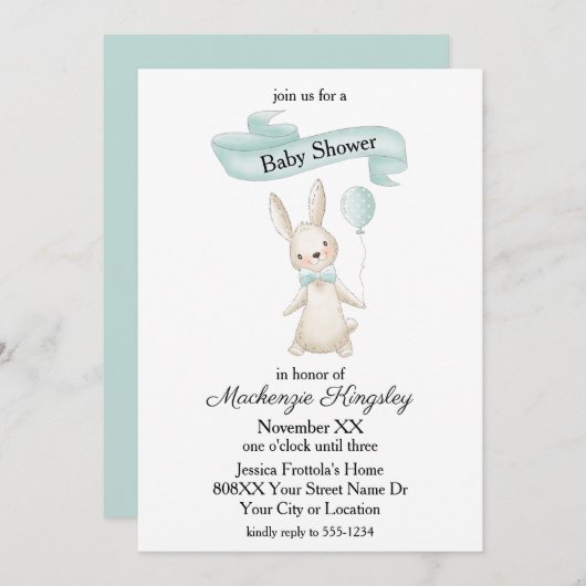 かわいい詰まったバニーとティール(緑がかった色)バルーンベビーシャワー 招待状 (正面/裏面)