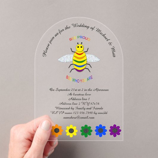 かわいい誇りを持ったLGBTレインボービーと結婚花 アクリル招待状 (インサイチュ (ポータブル))