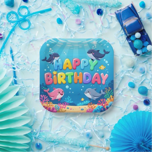 かわいい誕生日おめでとうイルカのデザイン ペーパープレート (パーティー)