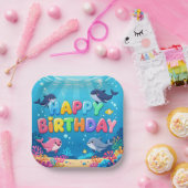 かわいい誕生日おめでとうイルカのデザイン ペーパープレート (パーティー)
