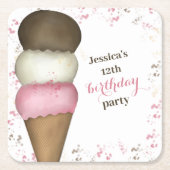かわいい誕生日お洒落パーティーアイスクリームコーン スクエアペーパーコースター (正面)