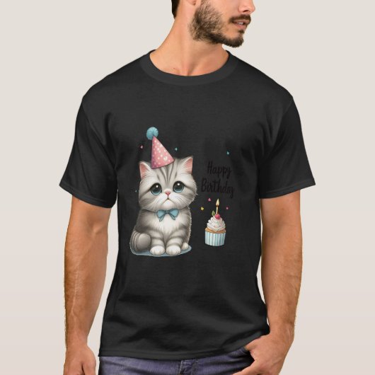 かわいい誕生日お祝い猫 キティパーティーハット Tシャツ (正面)