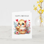 かわいい誕生日のひよこ カード (黄色い花)