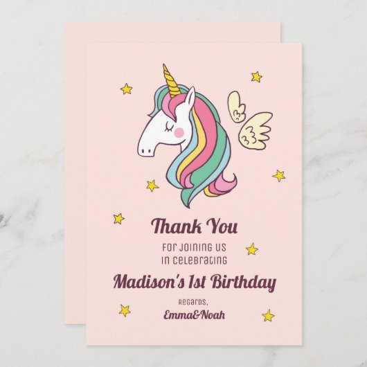 かわいい誕生日のドードル·レ飛んでいるインボー·ユニコーン サンキューカード (正面/裏面)