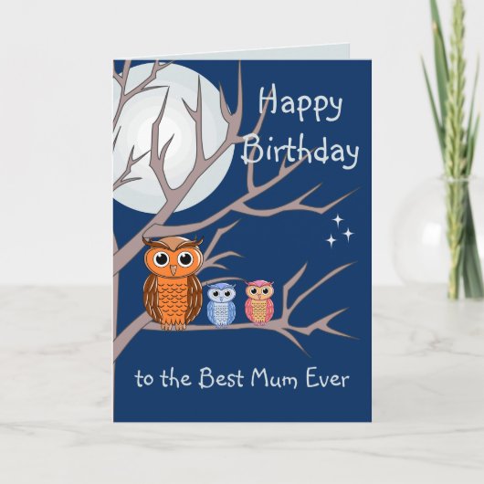かわいい誕生日のフクロウと2羽の子フクロウのカード カード (正面)