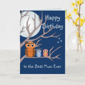 かわいい誕生日のフクロウと2羽の子フクロウのカード カード (黄色い花)