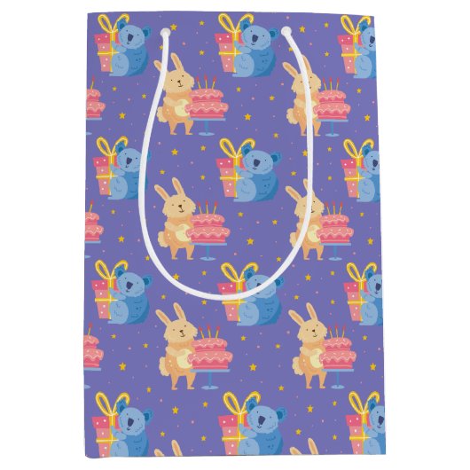 かわいい誕生日の動物 ミディアムペーパーバッグ (正面)