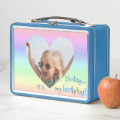 かわいい誕生日の名前フォトパステルレインボーハートブルー メタルランチボックス (インサイチュ)