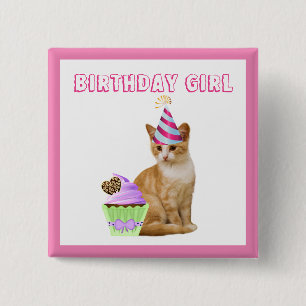 かわいい誕生日の女の子と子猫 缶バッジ