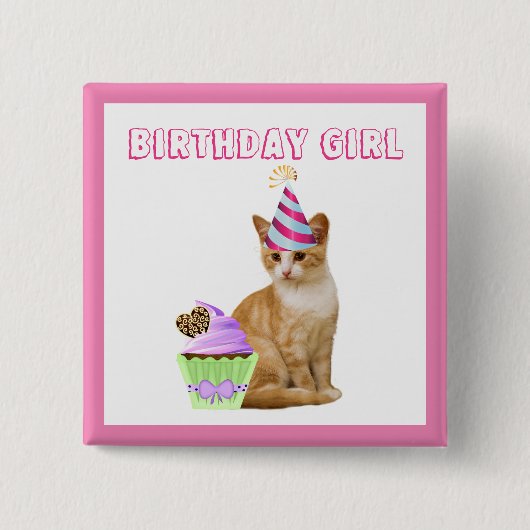 かわいい誕生日の女の子と子猫 缶バッジ (正面)