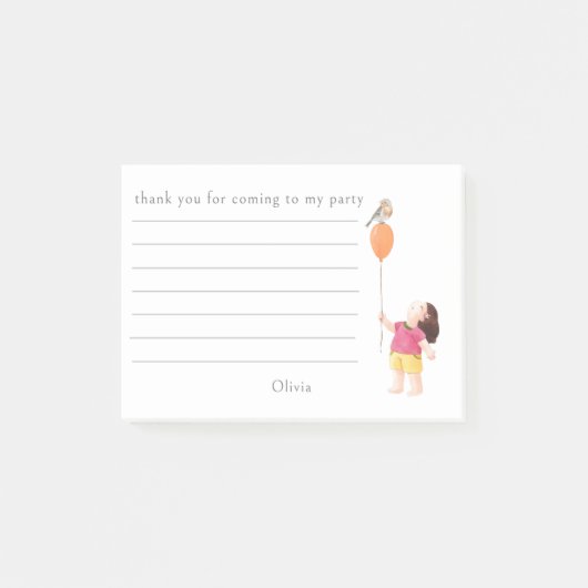 かわいい誕生日の子供パーティーの女の子の風船感謝カード ポストイット (正面)