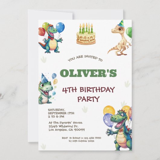かわいい誕生日の恐竜子供の誕生日パーティー招待状 セーブザデート (正面)
