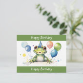 かわいい誕生日の緑のカエルと風船 ポストカード (スタンド正面)
