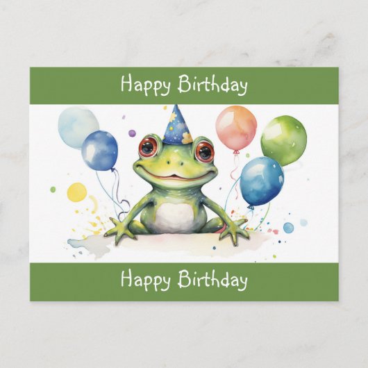 かわいい誕生日の緑のカエルと風船 ポストカード (正面)