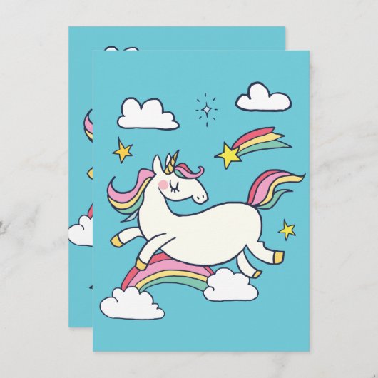 かわいい誕生日の虹の一角星。 招待状 (正面/裏面)