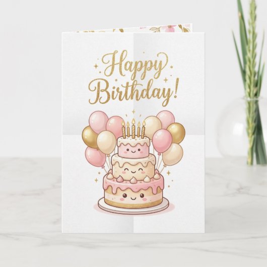 かわいい誕生日カード | ピンク&ゴールドのケーキ風船🎉 カード (正面)