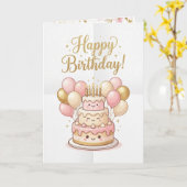 かわいい誕生日カード | ピンク&ゴールドのケーキ風船🎉 カード (黄色い花)