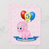 かわいい誕生日ガールピンクベビートリケラトプディノ 招待状 (正面/裏面)