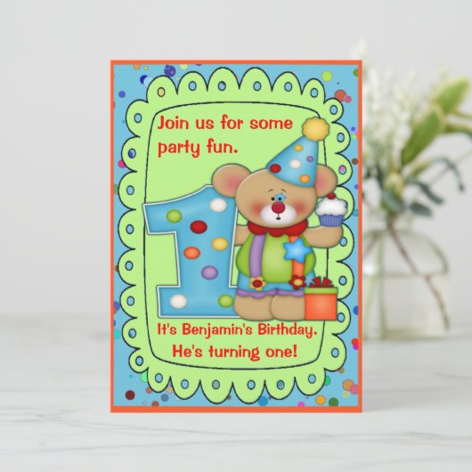 かわいい誕生日クマ 1歳 招待状 (スタンド正面)