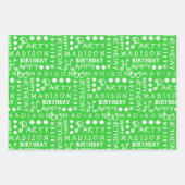 かわいい誕生日グリーン任意の年齢を追加子供名 ラッピングペーパーシート (正面)