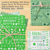 かわいい誕生日グリーン任意の年齢を追加子供名 ラッピングペーパーシート