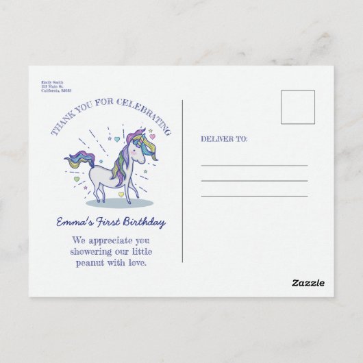 かわいい誕生日ドードルレインボーユニコーンありがとう ポストカード (裏面)