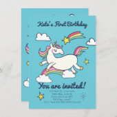 かわいい誕生日ドードルレインボーユニコーンと星。 招待状 (正面/裏面)